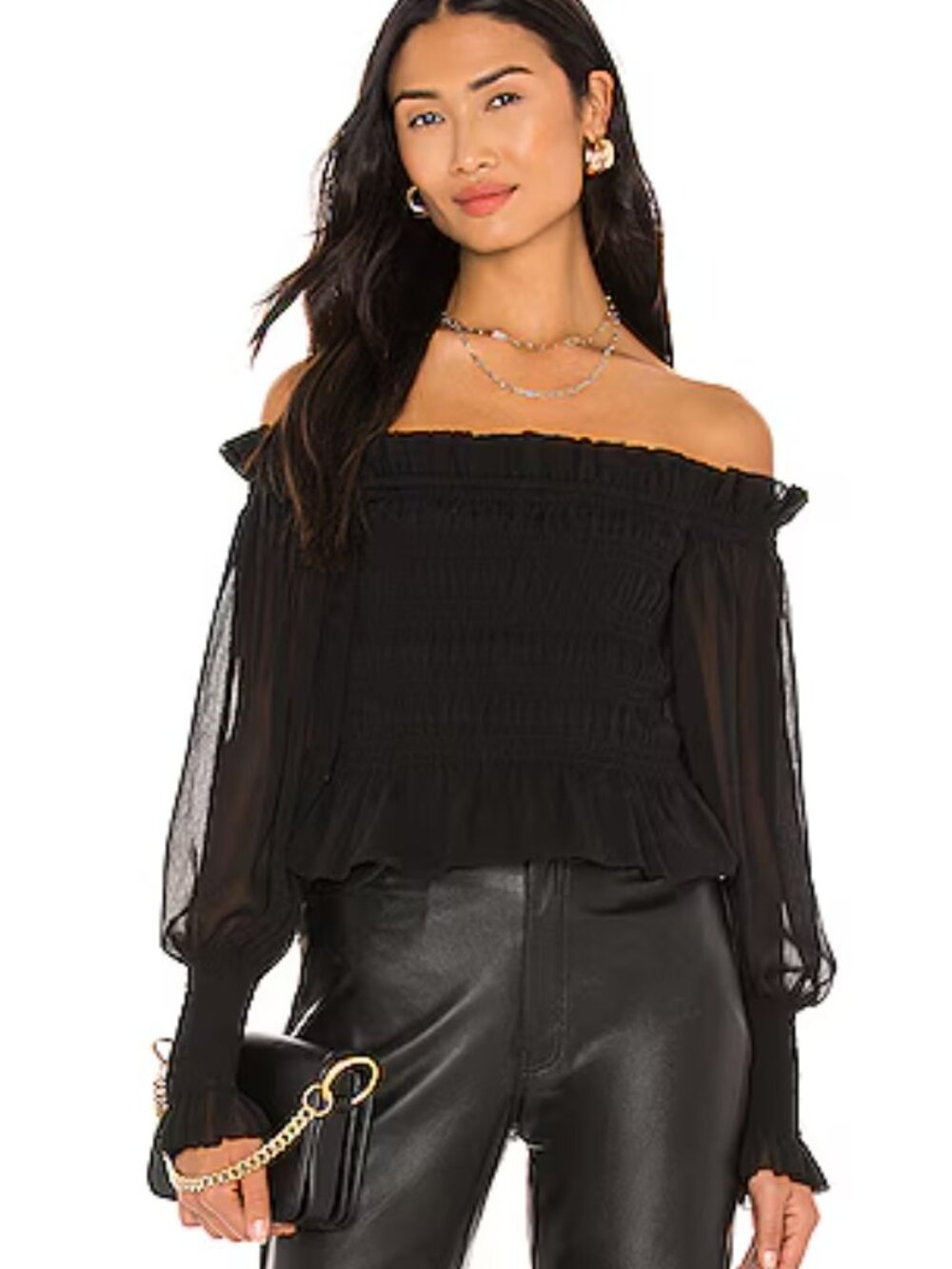 ALLSAINTS "Lara" Off-the-Shoulder Smocked Top | Black | Size 0 US